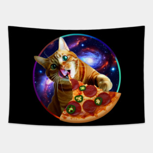 Funny Orange Cat eating Pizza in Space Tapestry