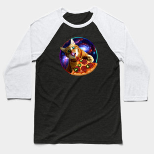 Funny Orange Cat eating Pizza in Space Baseball T-Shirt