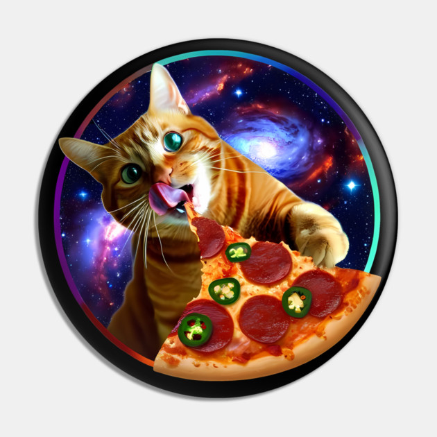 Funny Orange Cat eating Pizza in Space Pin by logiamerch