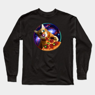 Funny Orange Cat eating Pizza in Space Long Sleeve T-Shirt