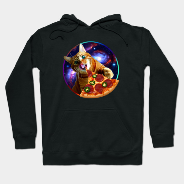 Funny Orange Cat eating Pizza in Space Hoodie by logiamerch