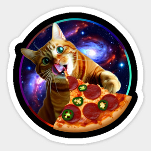 Funny Orange Cat eating Pizza in Space Sticker