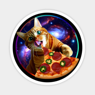 Funny Orange Cat eating Pizza in Space Magnet