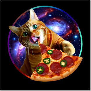 Funny Orange Cat eating Pizza in Space Posters and Art
