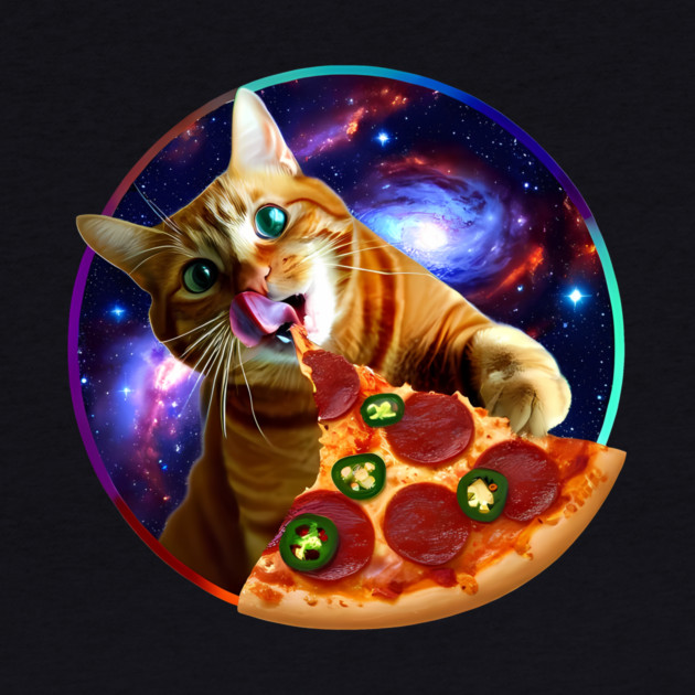 Funny Orange Cat eating Pizza in Space by logiamerch