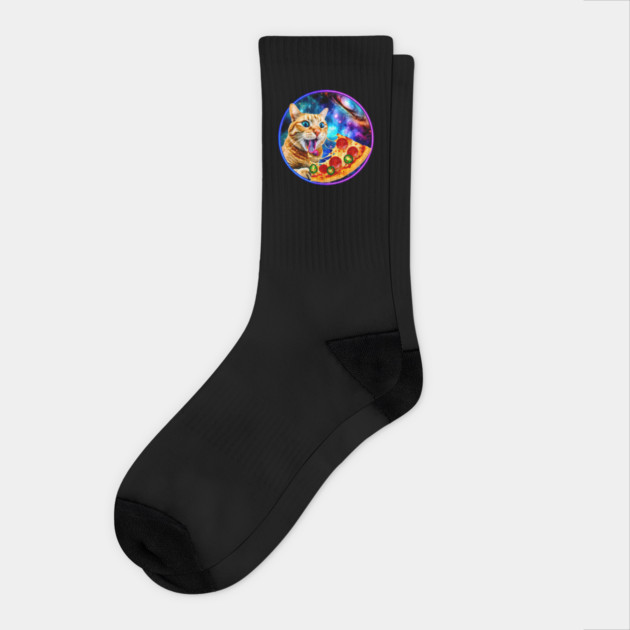 Funny Orange Cat eating Pizza in Space Socks by logiamerch