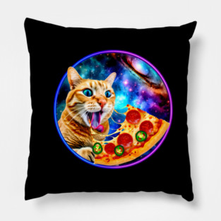 Funny Orange Cat eating Pizza in Space Pillow