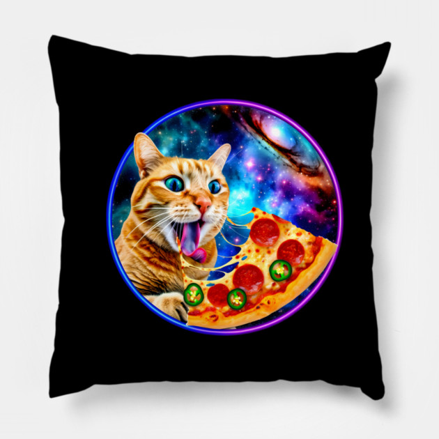 Funny Orange Cat eating Pizza in Space Pillow by logiamerch