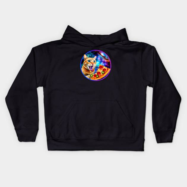 Funny Orange Cat eating Pizza in Space Kids Hoodie by logiamerch