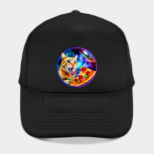Funny Orange Cat eating Pizza in Space Hat