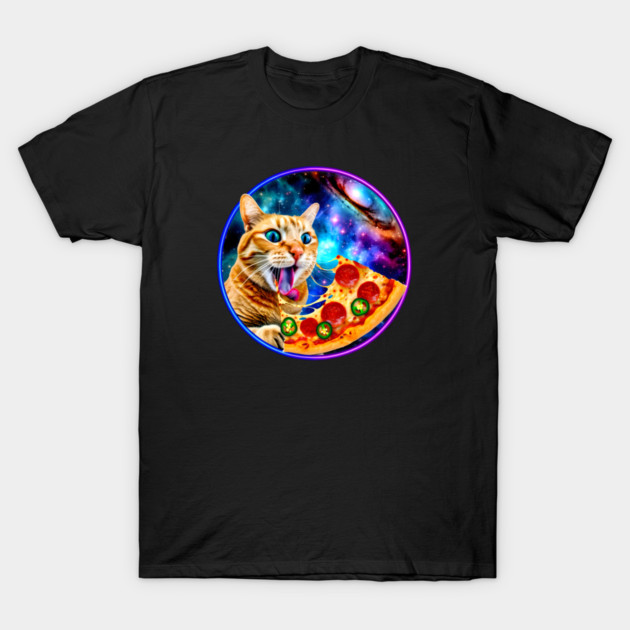 Funny Orange Cat eating Pizza in Space T-Shirt by logiamerch