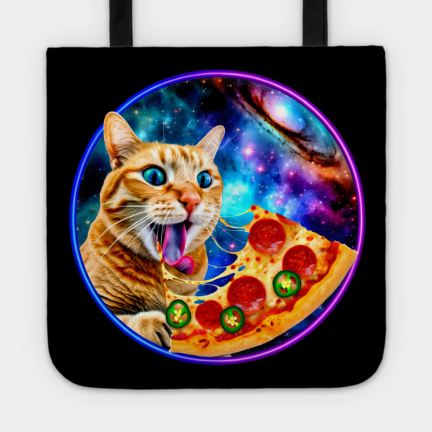 Funny Orange Cat eating Pizza in Space Tote by logiamerch