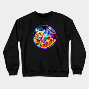 Funny Orange Cat eating Pizza in Space Crewneck Sweatshirt