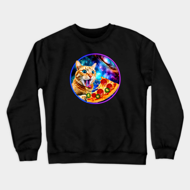 Funny Orange Cat eating Pizza in Space Crewneck Sweatshirt by logiamerch