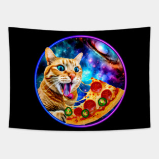 Funny Orange Cat eating Pizza in Space Tapestry