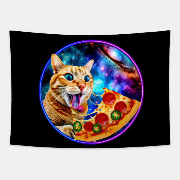 Funny Orange Cat eating Pizza in Space Tapestry by logiamerch