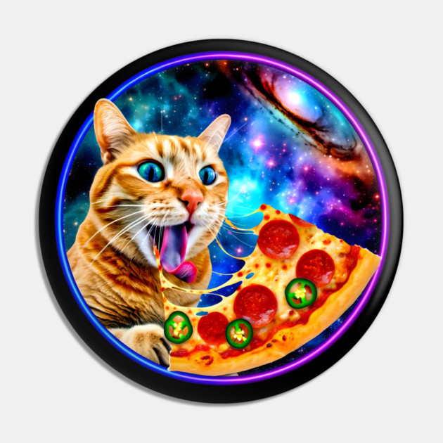 Funny Orange Cat eating Pizza in Space Pin by logiamerch