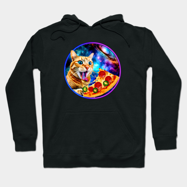 Funny Orange Cat eating Pizza in Space Hoodie by logiamerch