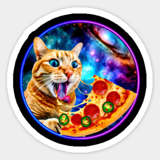 Funny Orange Cat eating Pizza in Space Sticker