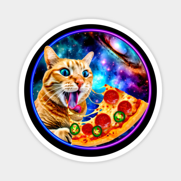 Funny Orange Cat eating Pizza in Space Magnet by logiamerch