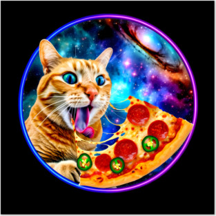 Funny Orange Cat eating Pizza in Space Posters and Art