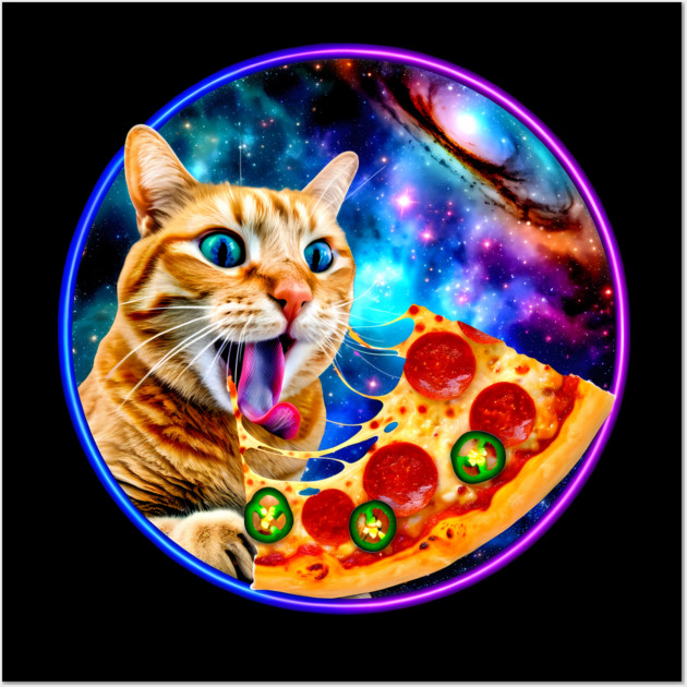 Funny Orange Cat eating Pizza in Space Wall Art by logiamerch