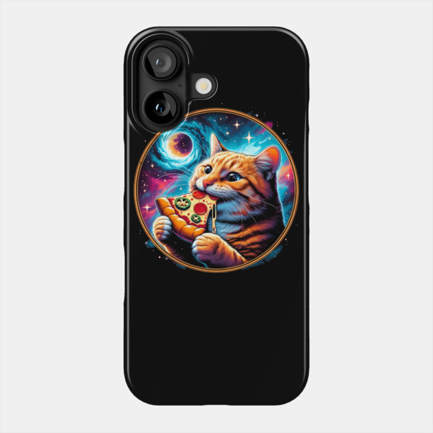 Funny Orange Cat eating Pizza in Space Phone Case by logiamerch