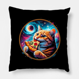 Funny Orange Cat eating Pizza in Space Pillow