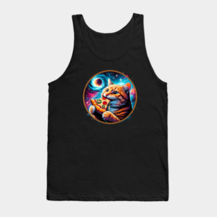 Funny Orange Cat eating Pizza in Space Tank Top