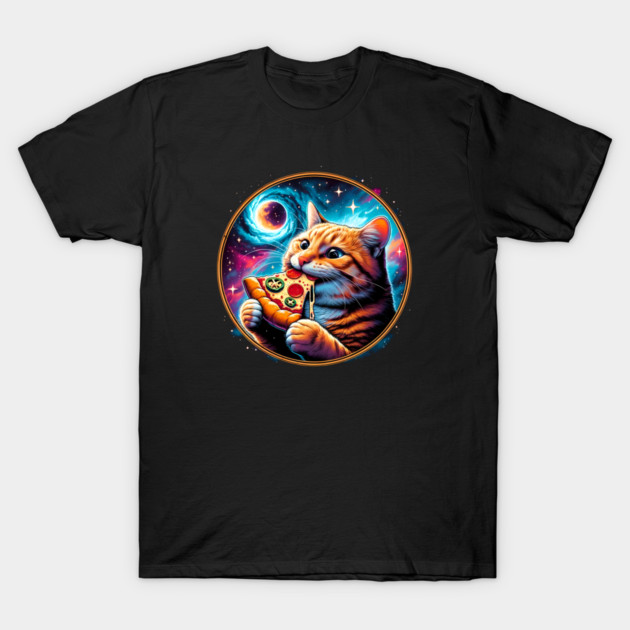 Funny Orange Cat eating Pizza in Space T-Shirt by logiamerch