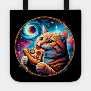 Funny Orange Cat eating Pizza in Space Tote