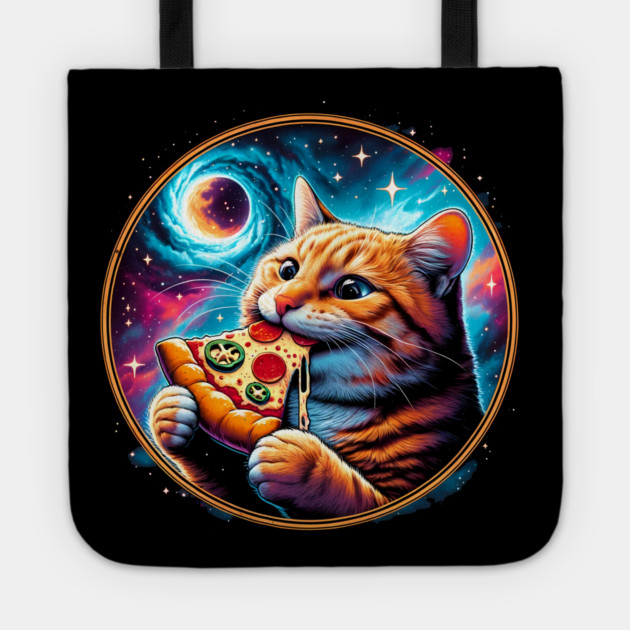 Funny Orange Cat eating Pizza in Space Tote by logiamerch