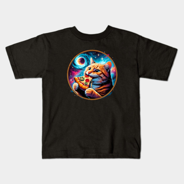 Funny Orange Cat eating Pizza in Space Kids T-Shirt by logiamerch