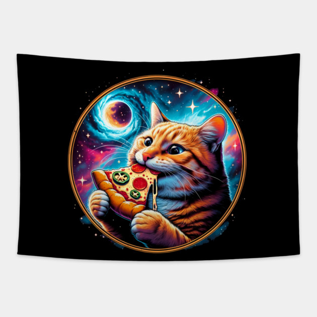 Funny Orange Cat eating Pizza in Space Tapestry by logiamerch