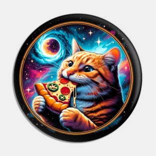 Funny Orange Cat eating Pizza in Space Pin