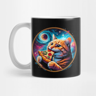 Funny Orange Cat eating Pizza in Space Mug