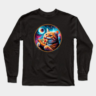 Funny Orange Cat eating Pizza in Space Long Sleeve T-Shirt