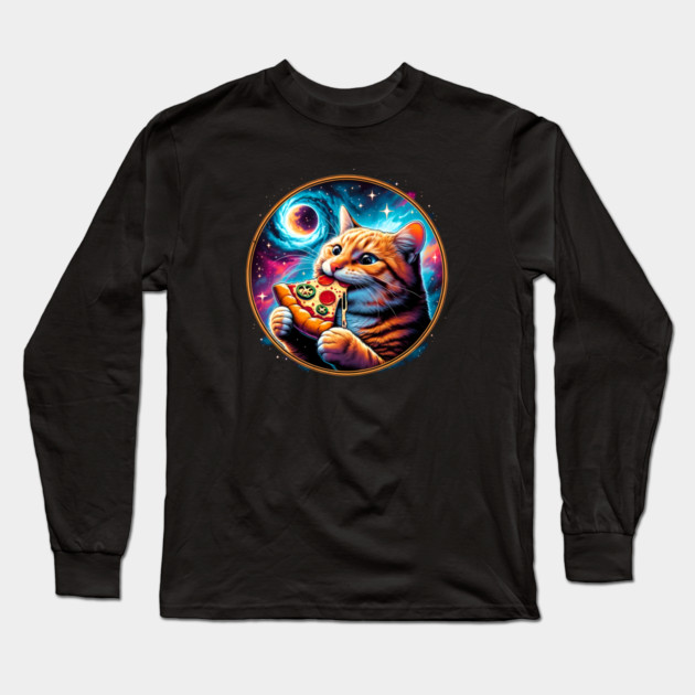 Funny Orange Cat eating Pizza in Space Long Sleeve T-Shirt by logiamerch