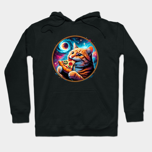 Funny Orange Cat eating Pizza in Space Hoodie by logiamerch