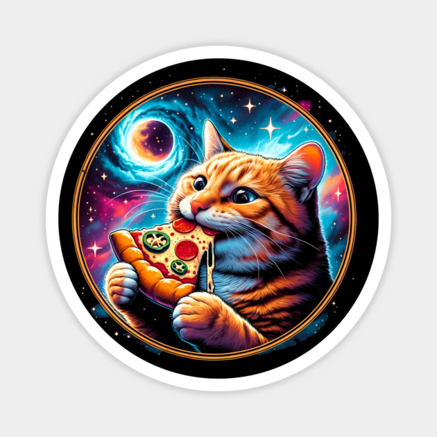 Funny Orange Cat eating Pizza in Space Magnet by logiamerch