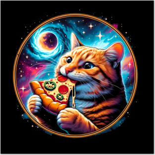 Funny Orange Cat eating Pizza in Space Posters and Art