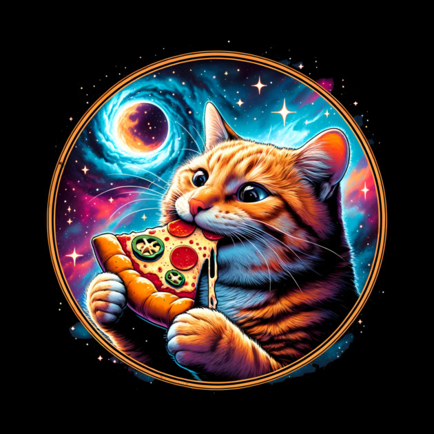Funny Orange Cat eating Pizza in Space by logiamerch