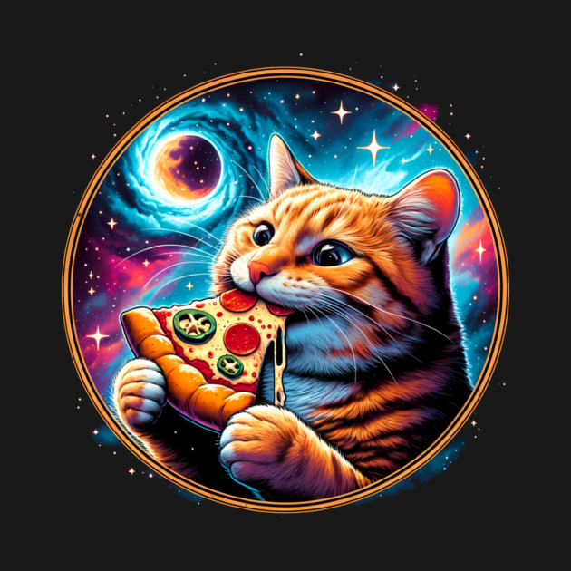 Funny Orange Cat eating Pizza in Space by logiamerch
