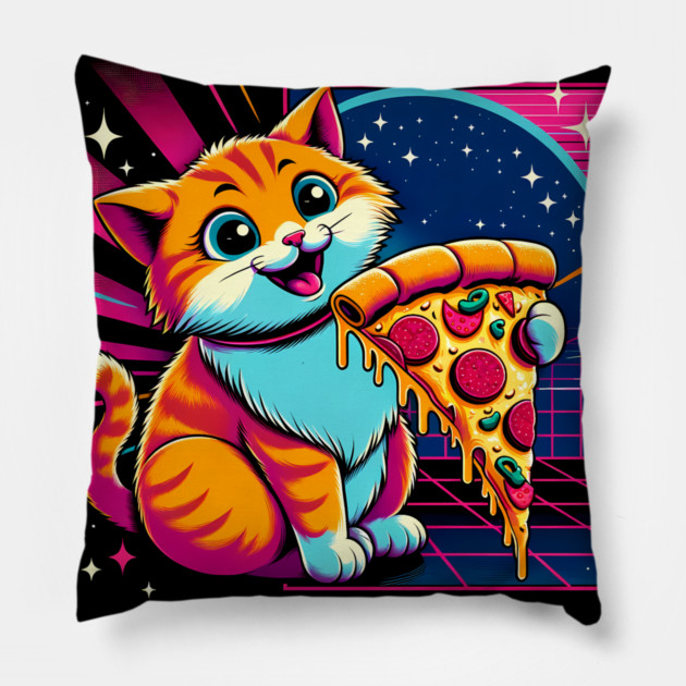 Funny Orange Cat eating Pizza in Space Pillow by logiamerch