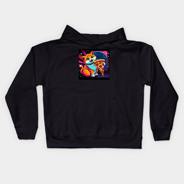 Funny Orange Cat eating Pizza in Space Kids Hoodie by logiamerch