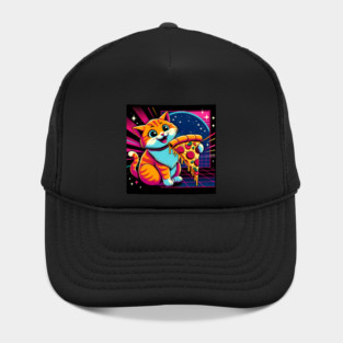 Funny Orange Cat eating Pizza in Space Hat