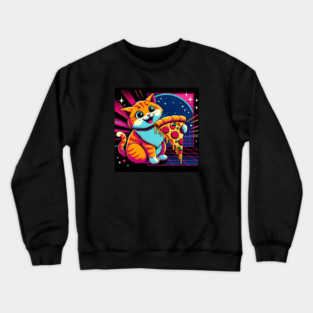 Funny Orange Cat eating Pizza in Space Crewneck Sweatshirt