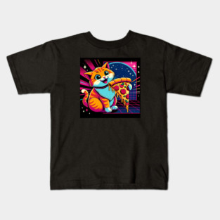 Funny Orange Cat eating Pizza in Space Kids T-Shirt