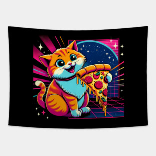 Funny Orange Cat eating Pizza in Space Tapestry