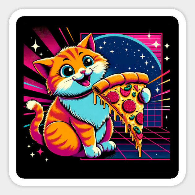 Funny Orange Cat eating Pizza in Space Sticker by logiamerch